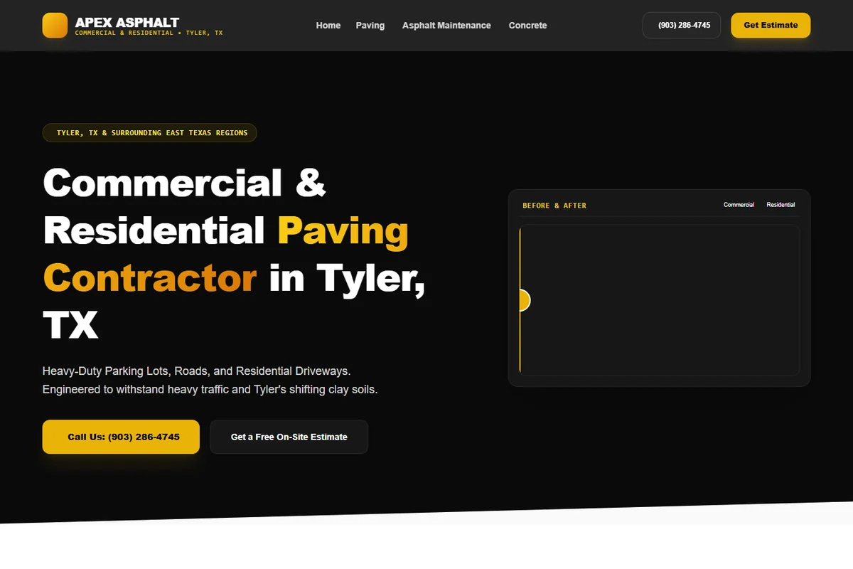 Apex Asphalt website homepage shown in a browser view
