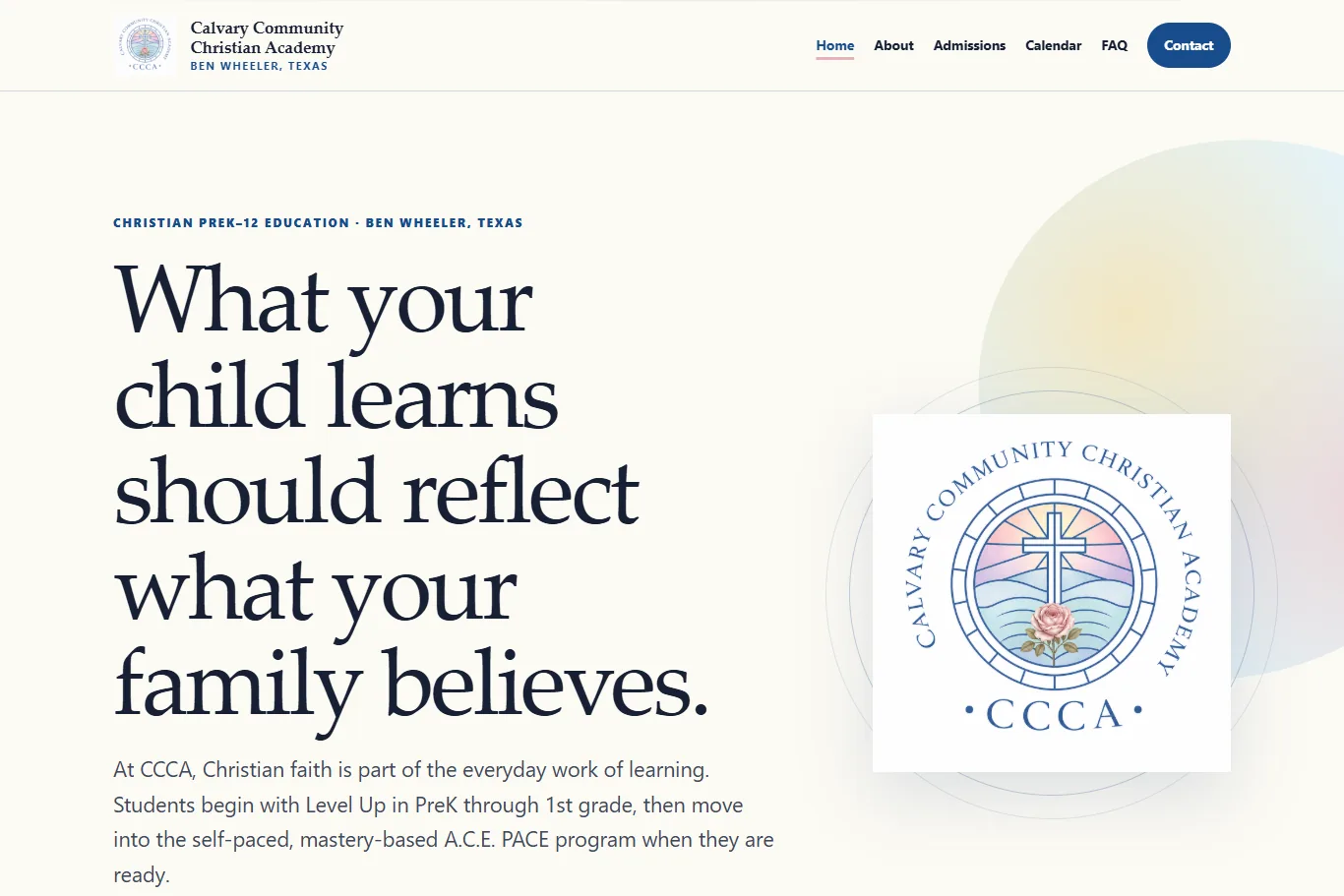 Calvary Community Christian Academy website homepage shown in a browser view