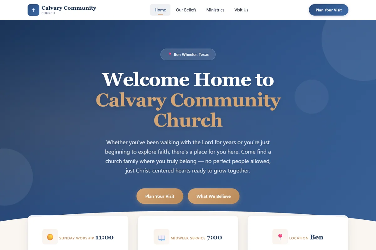 Calvary Community Church website homepage shown in a browser view